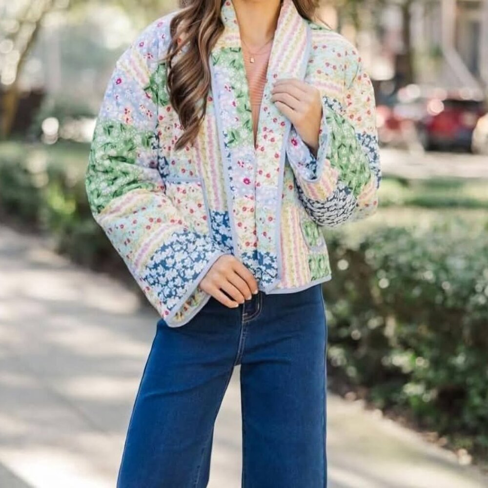 NEW Omoone Women's Cropped Floral Quilted Jacket Cardigan Printed Lightweight Op